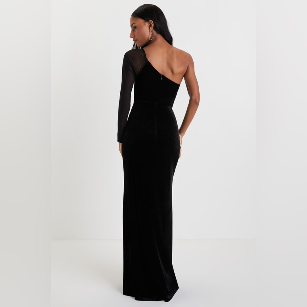 NWT Lulu’s Lavish Style Black Velvet Mesh One-Shoulder Maxi Dress - Picture 3 of 5